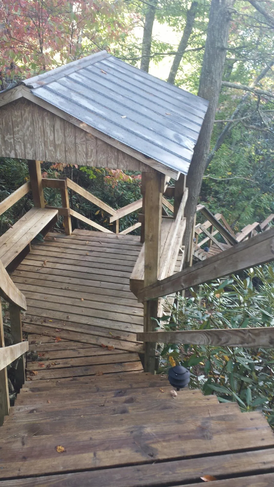 Metal roofed shelter over wooden steps on a wooded walkway — Skylight Repair & Installation work by our crew in Grizzly Flats